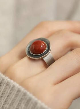 925银复古新中式圆盘南红戒指环开口调节精致做旧民族风简约女士