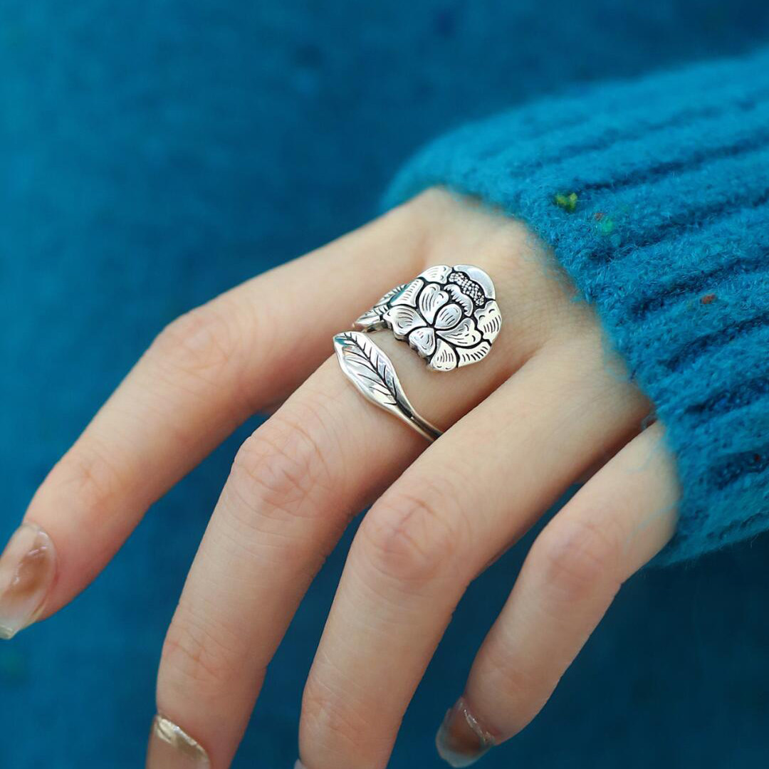 925银复古新中式牡丹花开国色天香戒指环开口调节简约小众高级感