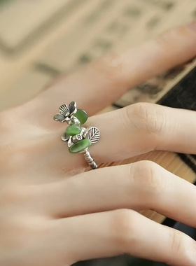 925银复古新中式和田碧玉花团锦簇戒指环开口调节小众设计高级感