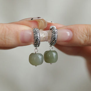 925银复古新中式和田碧玉桶珠扎基拉姆耳环耳坠女小众设计民族风