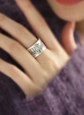 925银复古新中式宽面莲花锦鲤戒指环做旧开口调节小众设计高级感