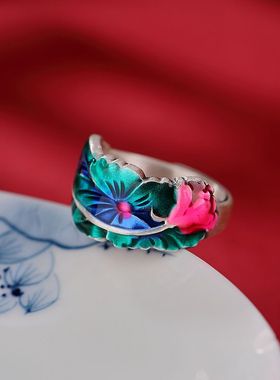 新中式国潮莲花盛开女开口戒指环