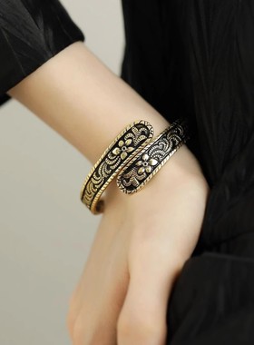 925银复古新中式古金色花朵手镯