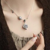 925银复古新中式 玫瑰花吊坠项链简约民族风女士精致百搭小众设计