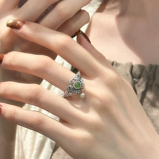 925银复古新中式镂空铜钱和田玉南红戒指环开口调节女小众高级感