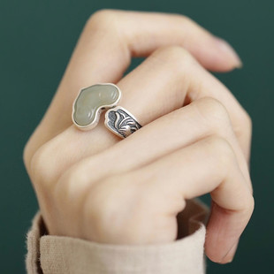 925银新中式 复古做旧民族风和田玉如意戒指环开口调节简约高级感