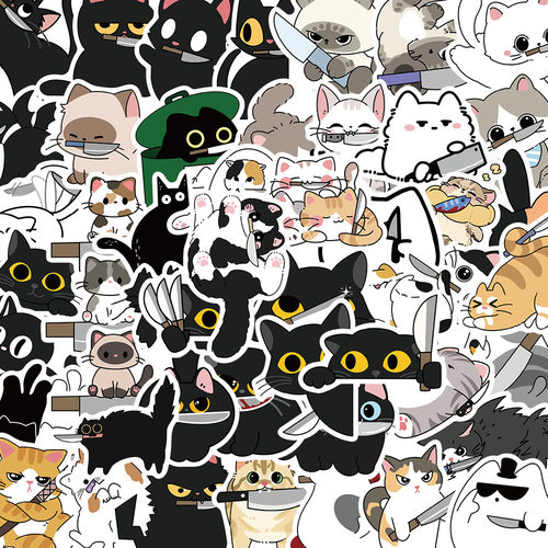 50张带刀小猫贴纸卡通可爱ins风手账手机壳笔记本装饰防水贴画。
