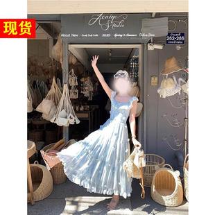 Acaine蓝色长款雪纺印花小飞袖吊带连衣裙女春季法式甜美显瘦裙子