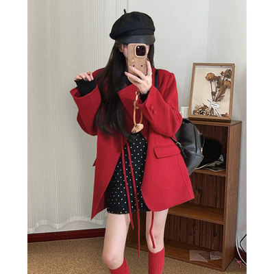 名媛风气质蝴蝶结宽松百搭红色外套显瘦波点半身裙千金感洋气套装