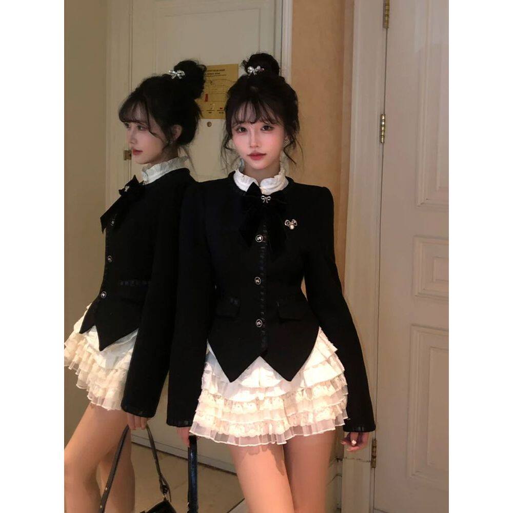 绯闻女主 冬装小香风气质小众设计感显瘦长袖外套蛋糕裙千金套装