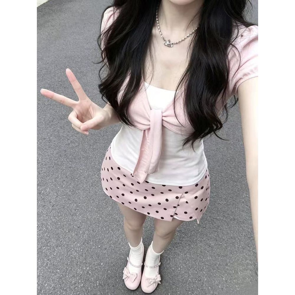 韩系纯欲风假两件系带短袖上衣+粉色波点半身裙两件套小个子套装