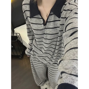 冬天好少女呀～韩系慵懒风条纹撞色睡衣女秋冬2026新款长袖家居服