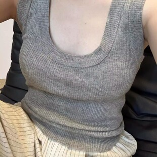 韩系穿搭get！灰色针织背心夏季设计感小众外穿小吊带遮副乳上衣