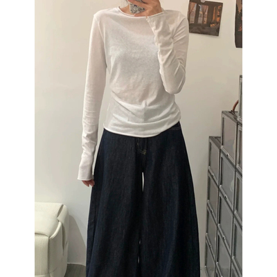 韩版卷边正肩长袖T恤女