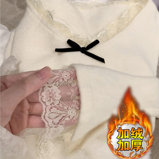 不费力的穿搭！蕾丝蝴蝶结V领长袖打底衫加厚显瘦修身慵懒风上衣