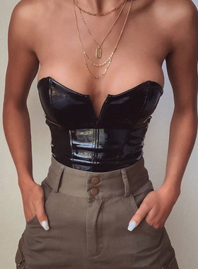 过渡性感ZON 黑色修身裹胸暗扣方便PU亮皮连体衣辣妹秋冬打底上衣