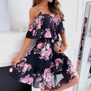 欧美INS时尚印花雪纺吊带连衣裙 floral chiffon strap sun dress