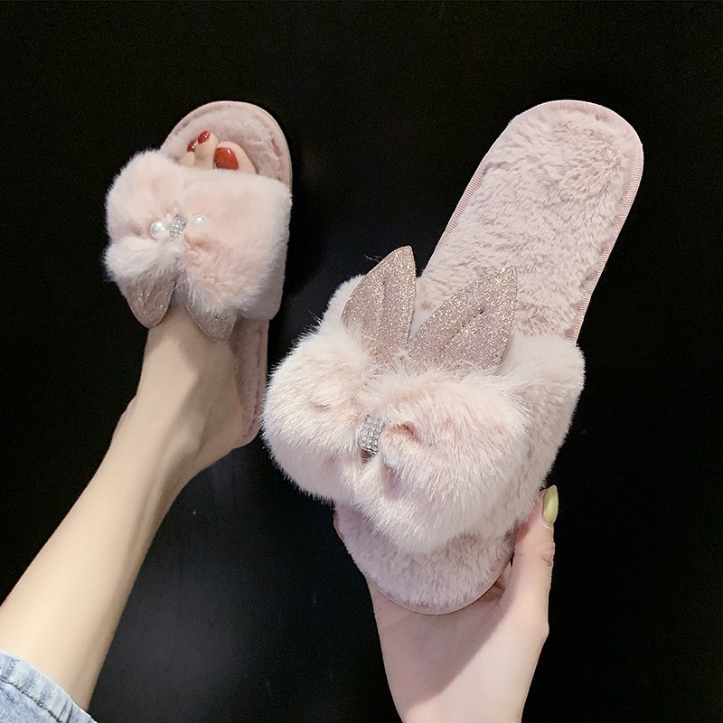 shoes women新款秋冬季家居棉拖鞋女居家珍珠兔耳朵一字保暖地板