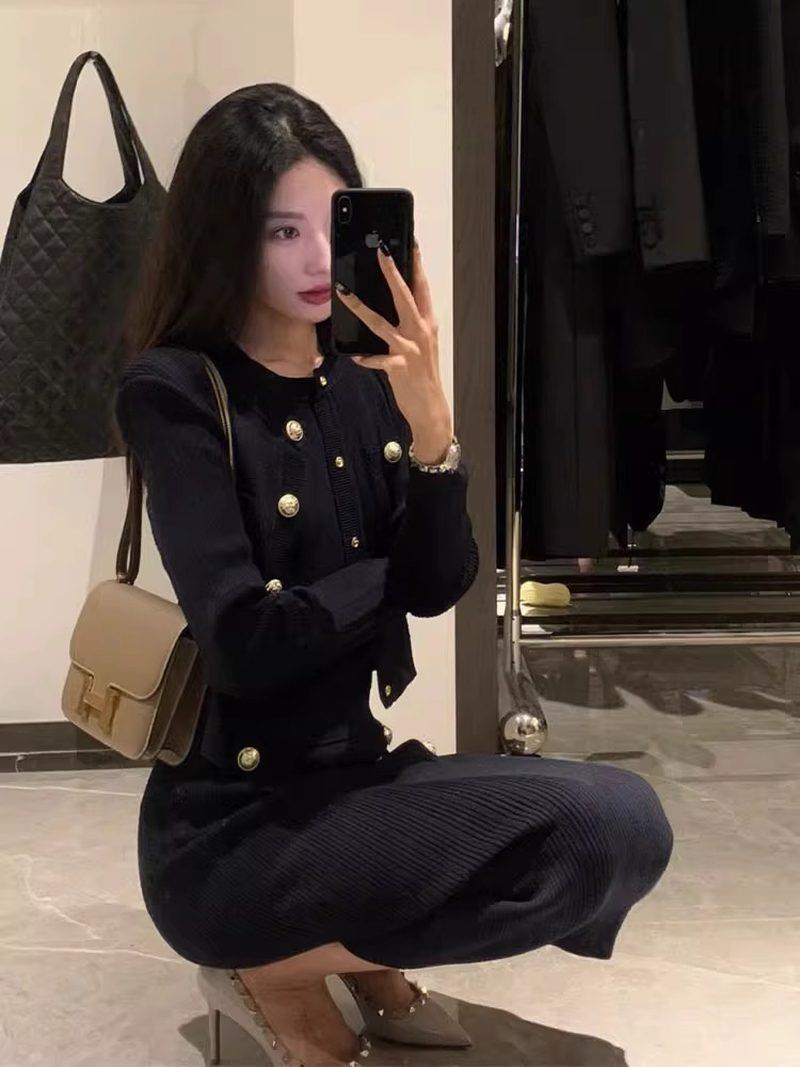 欧洲站套装秋季气质名媛御姐风高级感黑色针织连衣裙三件套