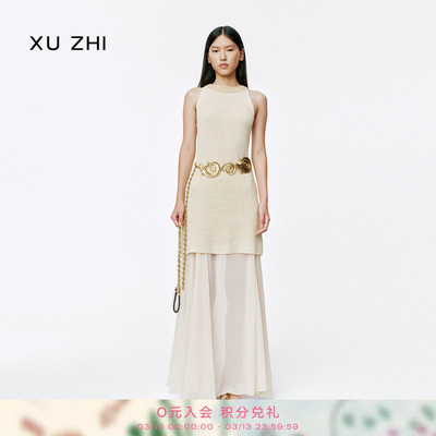 XU ZHI2026春季新品钩针饰边金属感纸纱背心针织连衣裙
