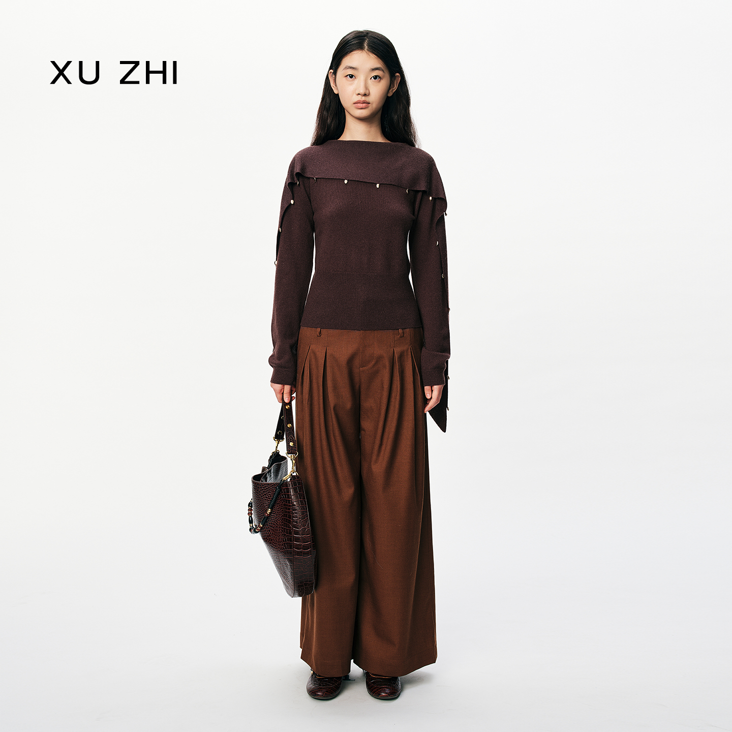 XU ZHI25秋冬新品通勤百搭高级感褶裥阔腿裤（附串珠装饰腰带）