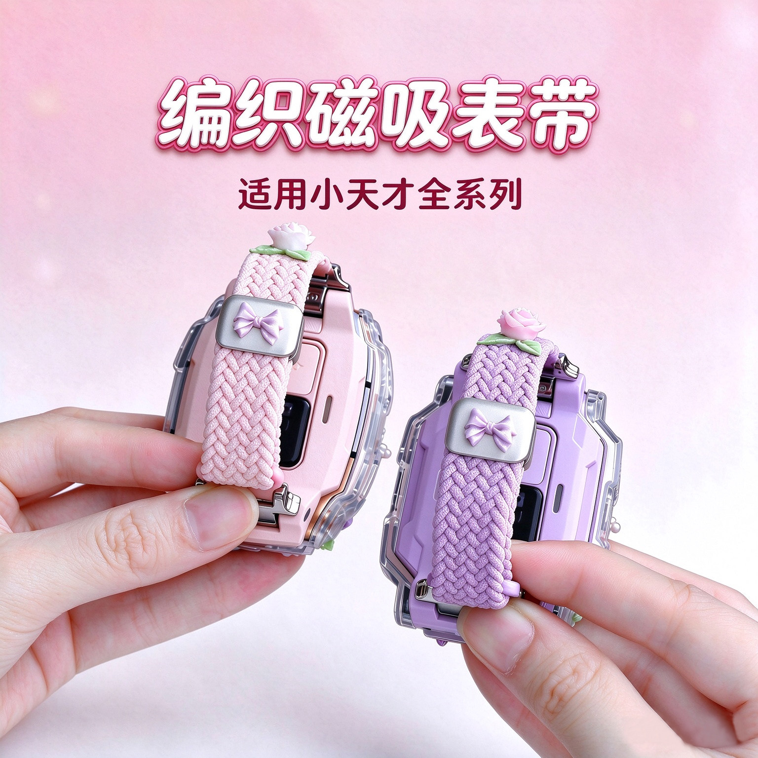 【紫玫碟语细款表带】适用小天才电话手表Z8A磁吸表带Z12/Z9A/Z11/Z10/Z7弹力编织腕带Z6PRO/D2/D6e/D3防摔壳