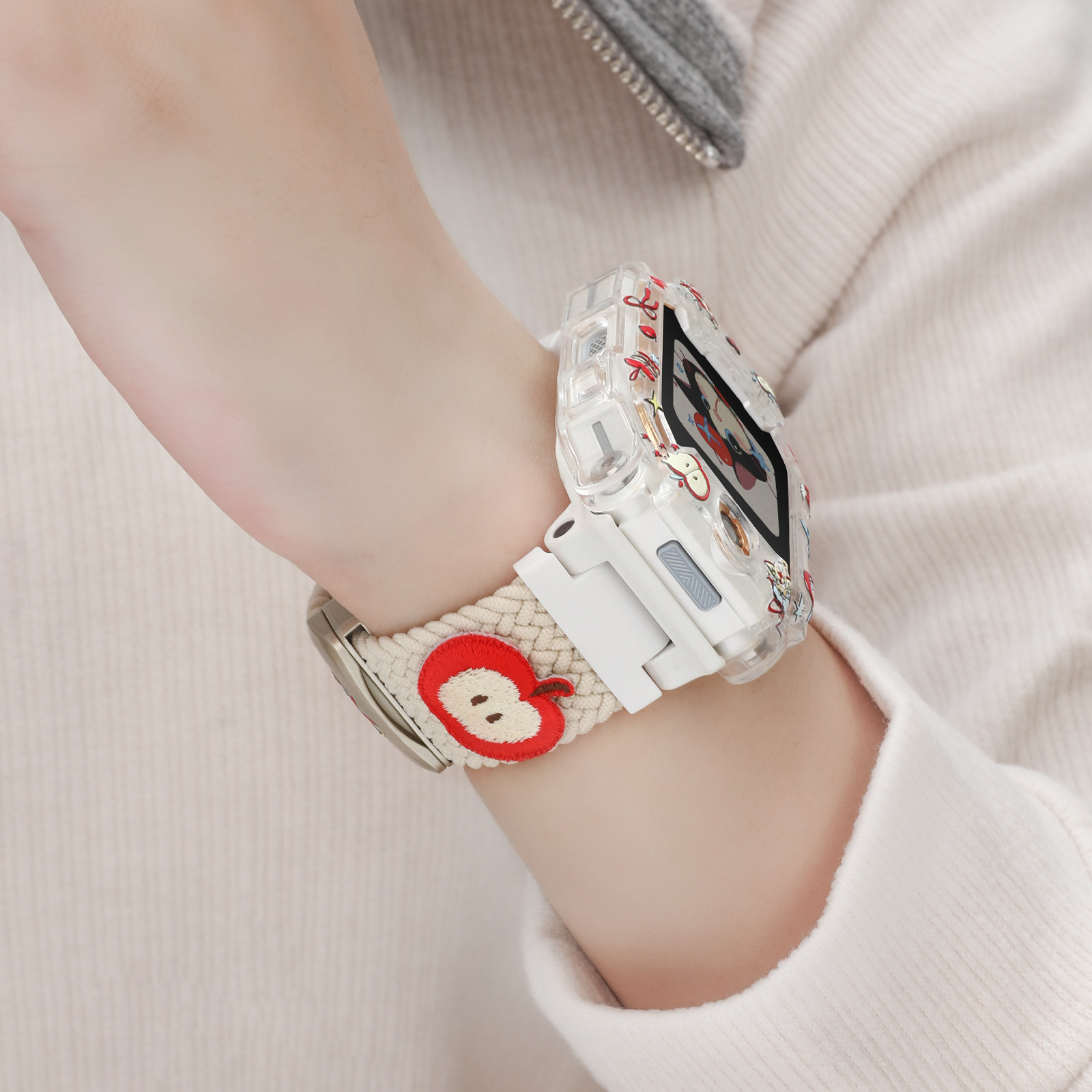 【小苹果刺绣表带】适用小天才电话手表z10/z9少年版编织表带z11/z6pro/n5/q3/d2a磁吸腕带z7创意DIY贴壳配件