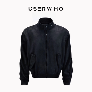 USERWHO幼虎 黑色短款麂皮绒简约立领休闲夹克