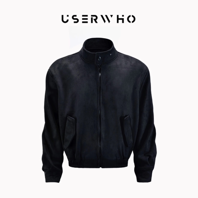 USERWHO幼虎 黑色短款麂皮绒简约立领休闲夹克