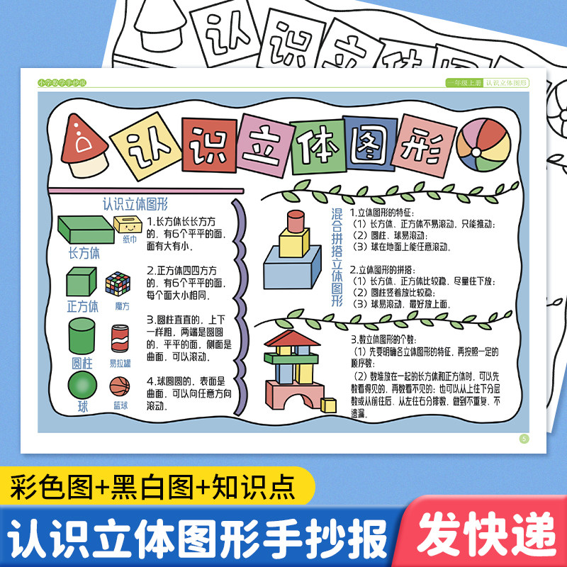 一年级数学手抄报模板认识立体图形小学生数学考点知识点思维导图单元