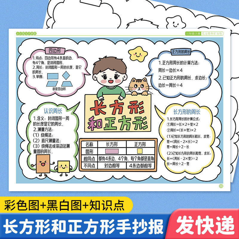 三年级长方形正方形数学手抄报模板小学生知识点思维导图单元主题学习