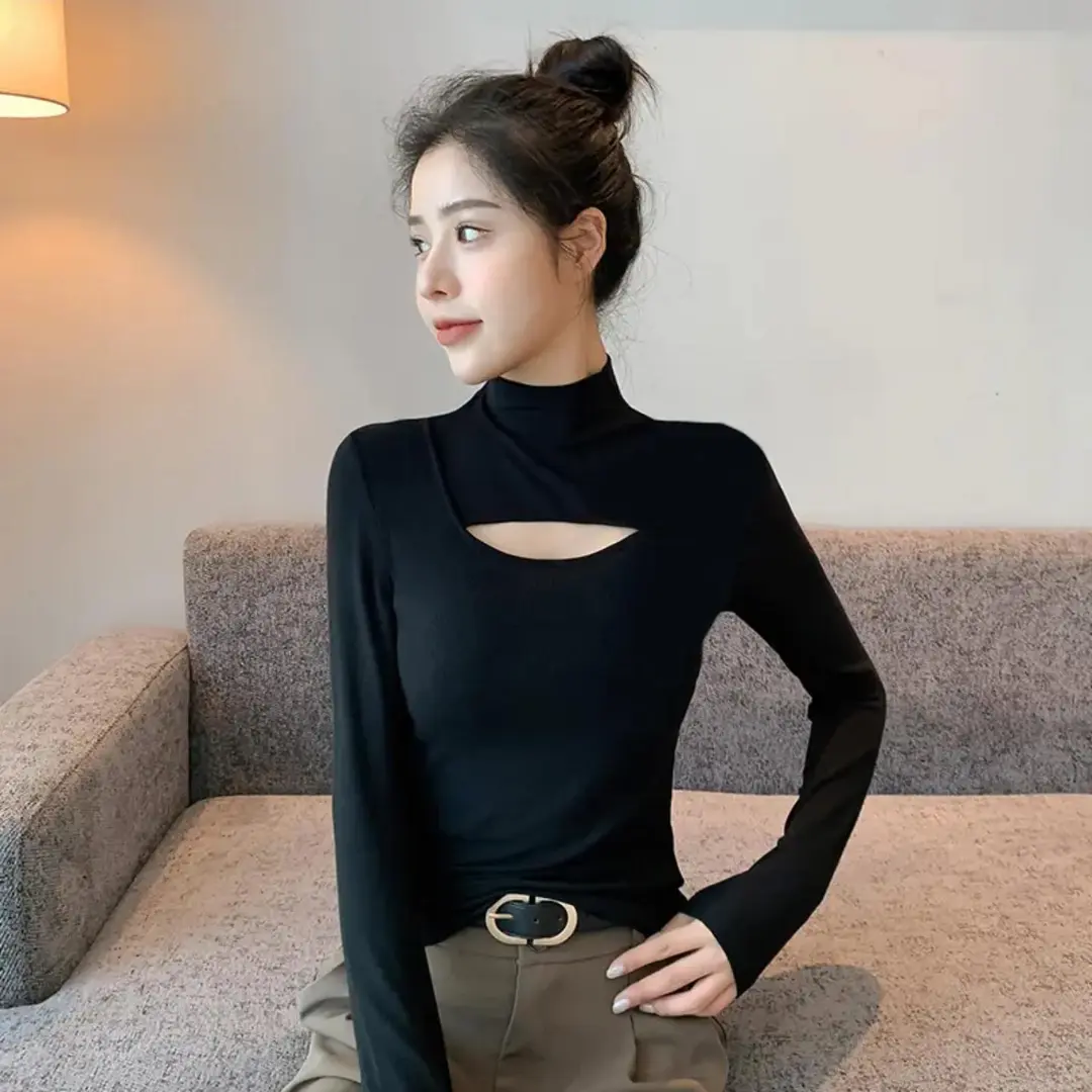 素写轻奢秋冬新款镂空半高领长袖t恤女内搭修身显瘦打底衫上衣