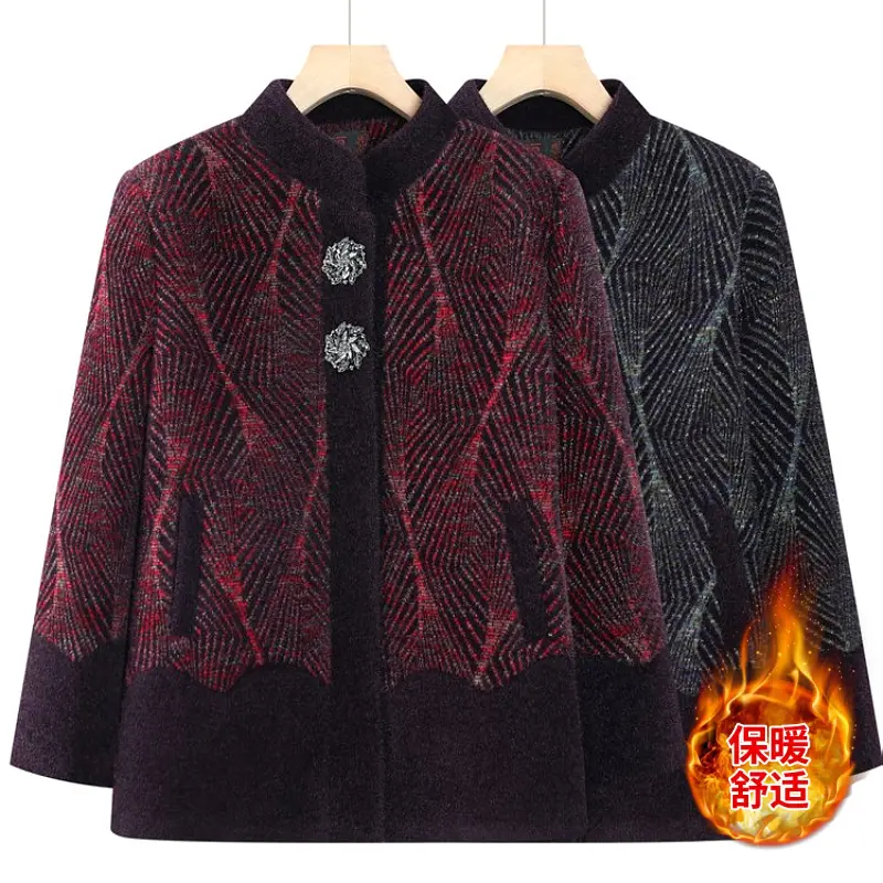 苏锦臻选女装加绒加厚外套老年人中长款气质老人大码毛呢外套