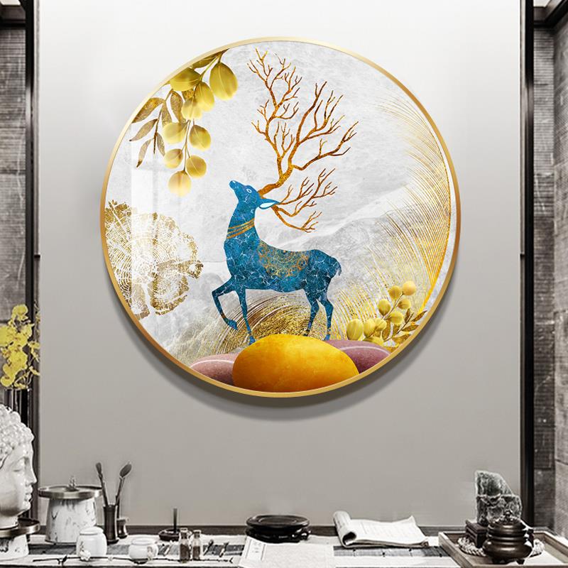 镶钻晶瓷画麋鹿装饰餐厅挂画玄关入户进门圆形新中式客厅寓意好的图片