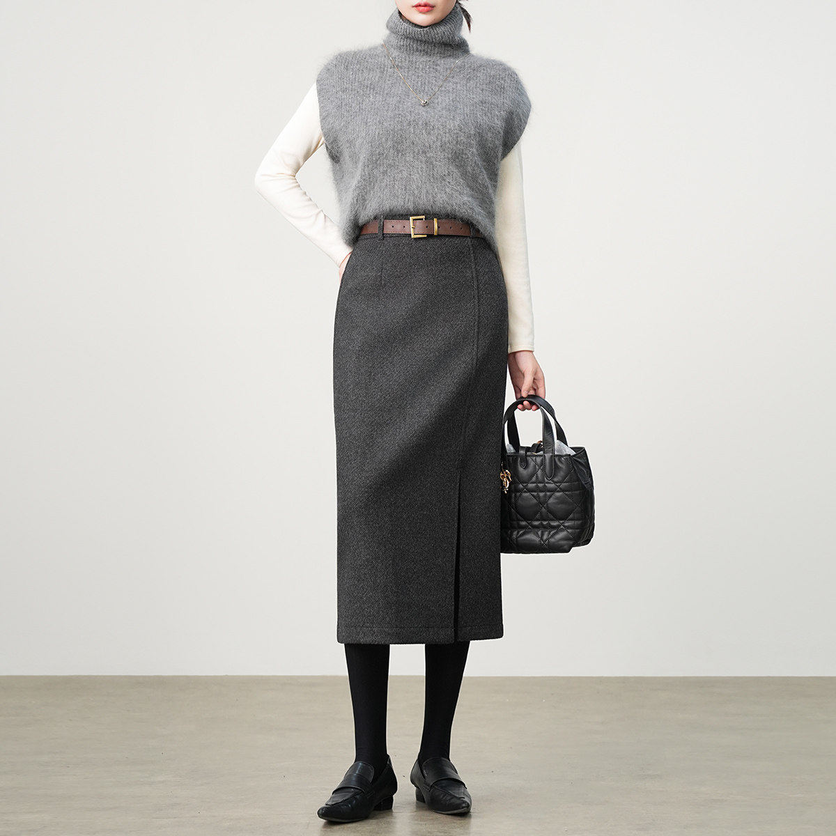 灰色西装半身裙女2026新款春季高腰中长款侧开叉一步直筒包臀裙子