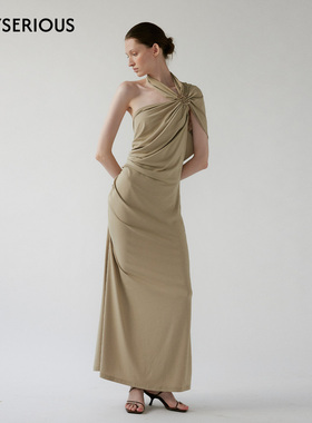 NONETONE 2026春季新款单肩扭结褶裥连衣裙女卡其绿人棉混纺长裙