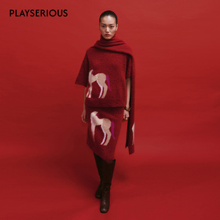 Cello Sonata 2026春夏新款马年限定针织短袖堆领毛衣半裙套装女