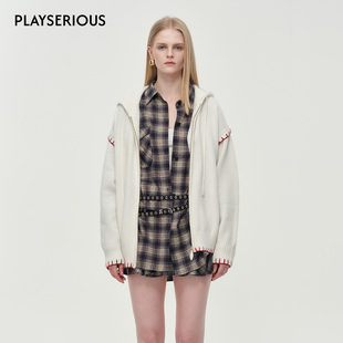 女百搭外套 手绘马年刺绣撞色钩边针织连帽开衫 ODTD 2025秋冬新款