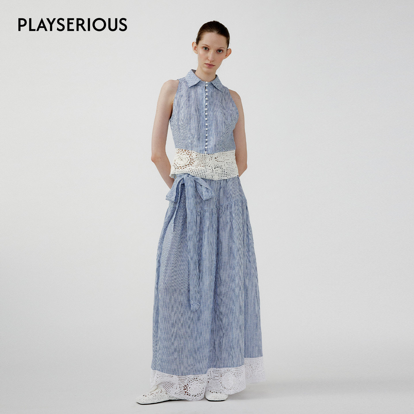 NONETONE 2026春夏新款蓝白条纹手钩花拼接无袖衬衫半裙套装女