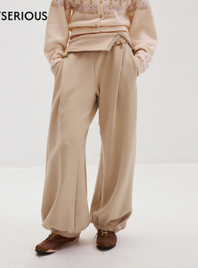 MEDIUM WELL 2025秋季新款螺纹翻腰叠褶灯笼形卫裤女休闲宽松长裤