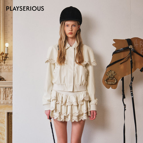 ARTE PURA 2025秋季新款绣花皮斗篷拼接夹克短外套皮质蛋糕裙套装