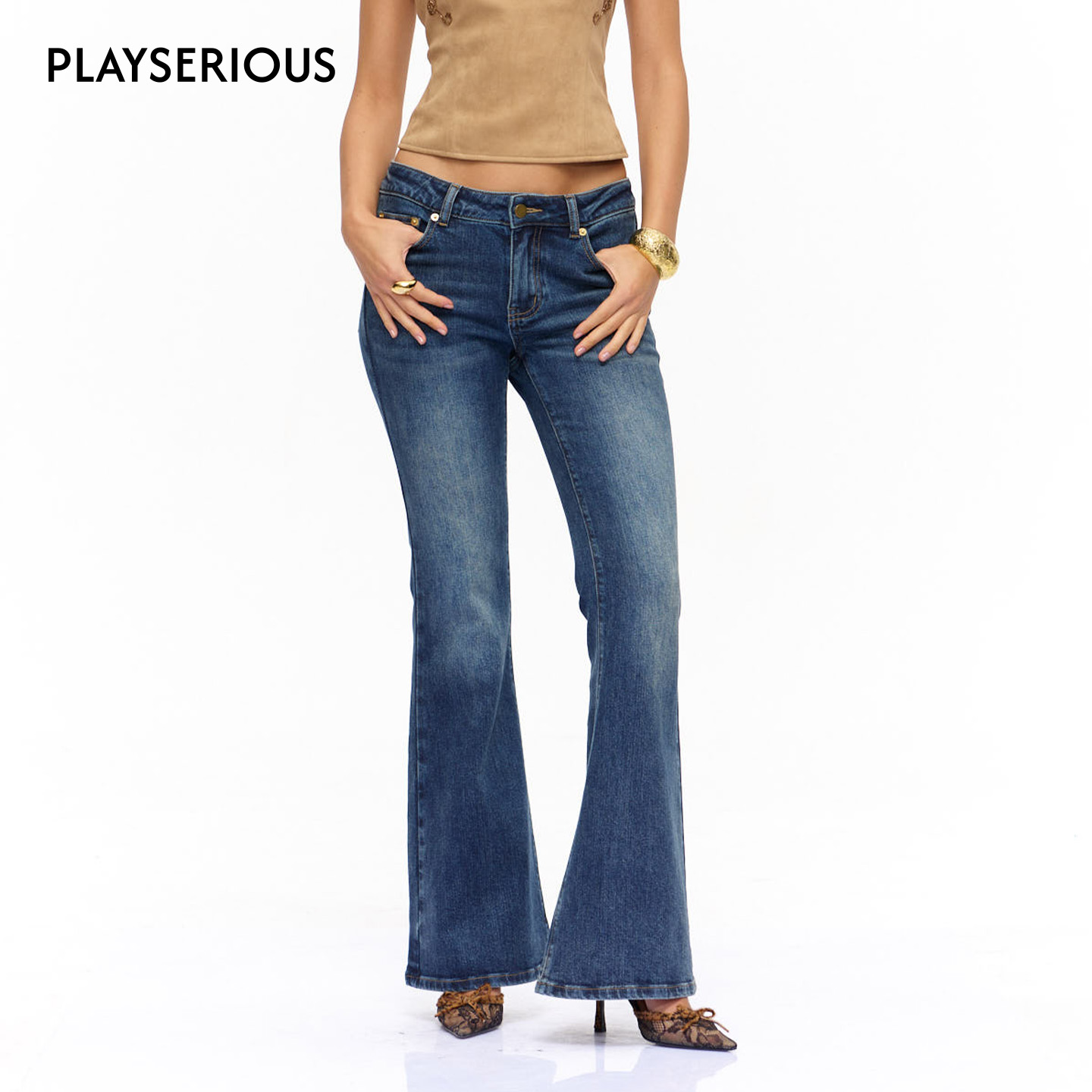 CNLEEWEI 2025秋季新款紧身喇叭复古牛仔裤女深蓝休闲百搭喇叭裤