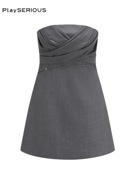 HAI STUDIO 秋季新款通勤灰色性感抹胸褶皱收腰显瘦连衣裙女