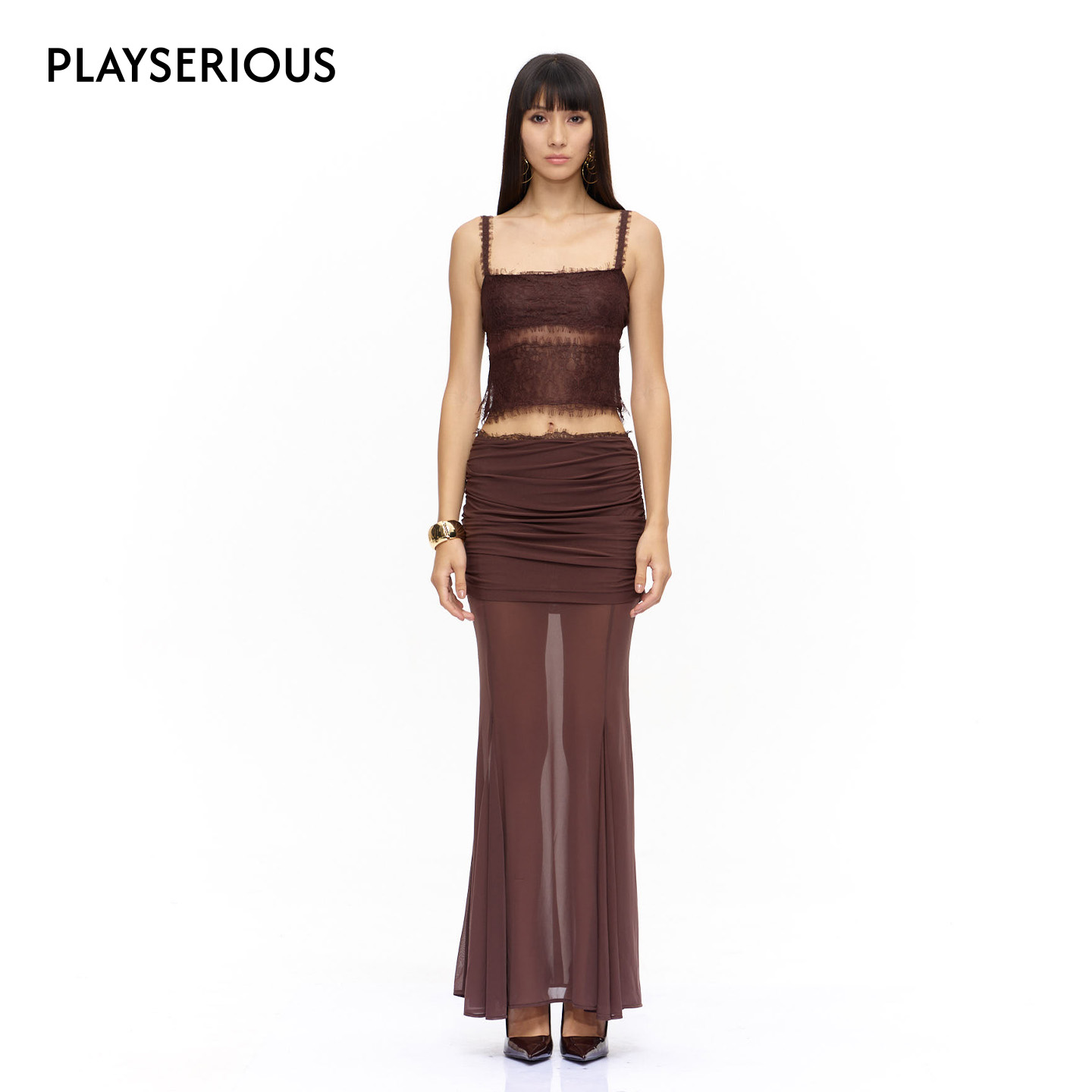 CNLEEWEI 2025秋季新款蕾丝吊带上衣褶皱鱼尾薄透飘逸鱼尾半长裙