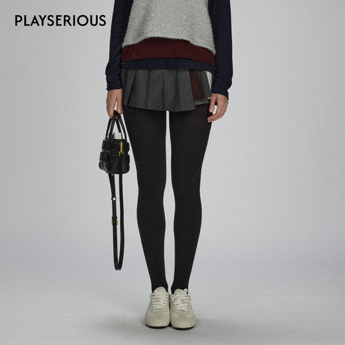 LACERTA 2025秋冬新款细褶撞色百褶短裙女深灰色学院风百褶短裙