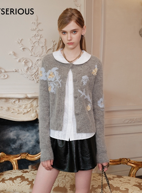 Marc Moore 2025秋季新款立体钉珠花朵羊驼毛开衫女灰色百搭开衫