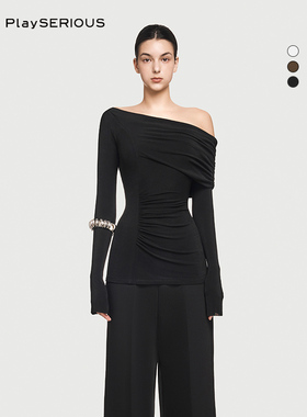 CHATS BY C.DAM 2025春季新款斜肩褶皱收腰显瘦长袖打底衫上衣女