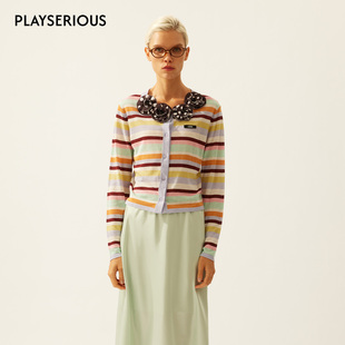 LACERTA 2026春夏新款锡切斯彩虹条珠片花朵领针织开衫女条纹上衣