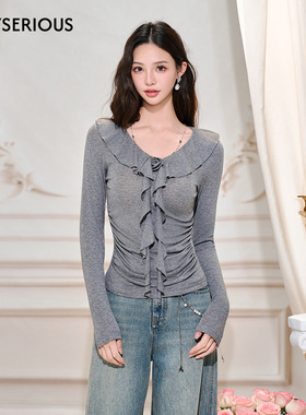 Three Quarters 2025秋季新款荷叶边法式浪漫长袖T恤灰色百搭上衣