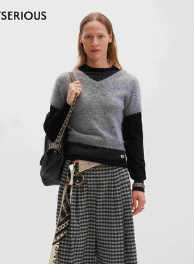 MEDIUM WELL 2025秋季新款夹心撞色阿尔巴卡羊毛针织衫女百搭上衣